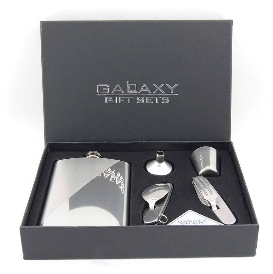 Ploskačka, príbor, štamperlík, lievik - Darčeková sada GALAXY - BB014