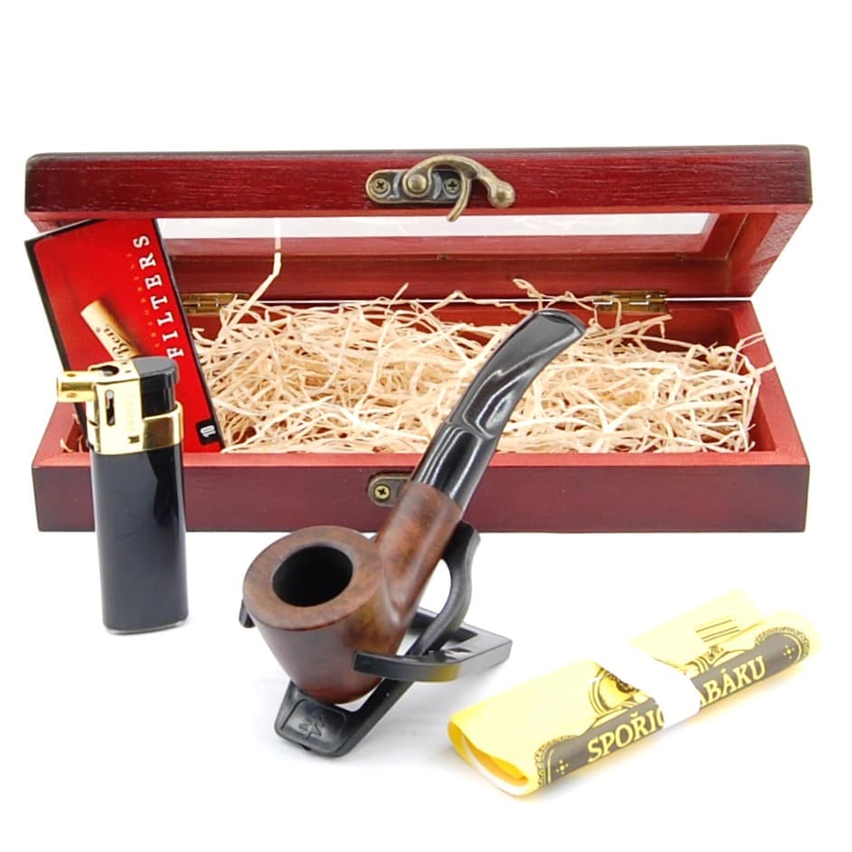 BPK Fajkový set- Drevená fajka, zapaľovač, filtre, sporič, stojan- 69-21-4